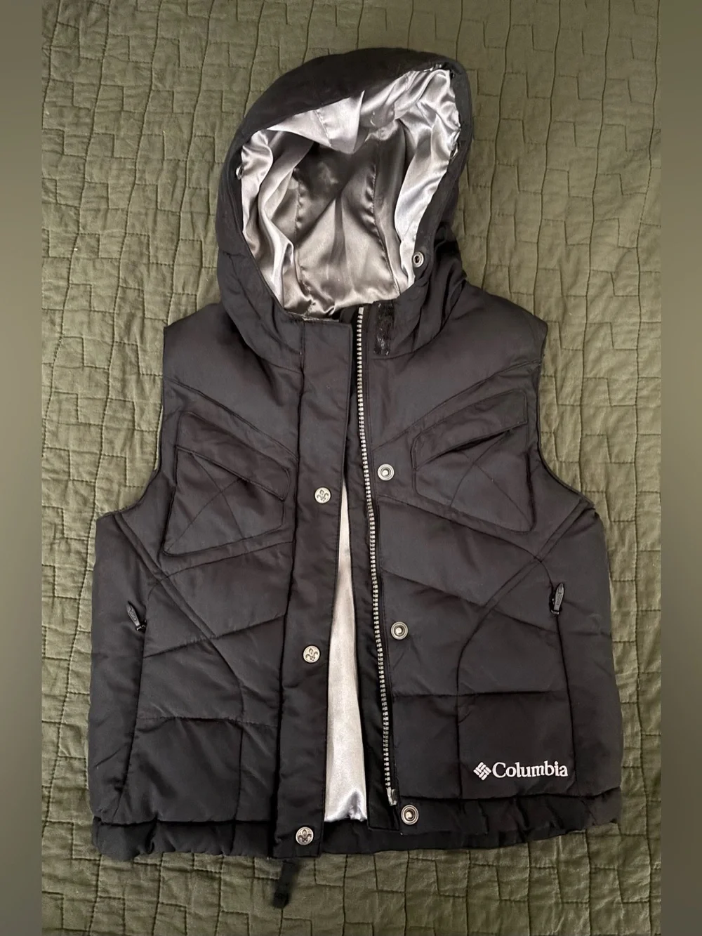 Columbia Kids Black Hooded Vest with Silver Lining and fleur-de-lis.